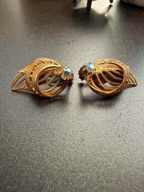 Vintage Germany Gold-Tone Clip-On Earrings with Rhinestone